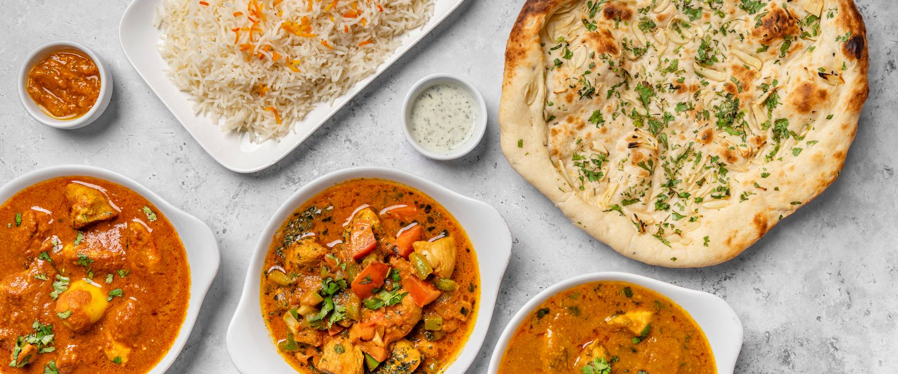 Currys, rice and naan from Paradise of India